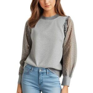 Indigo Rose Women's Gray Sheer Puff Sleeve Ruffled Knit Pullover Sweater Medium